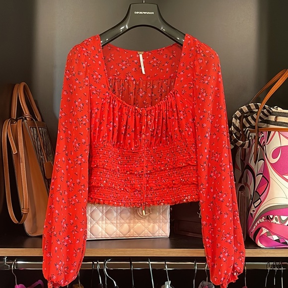 Free People Lolita Peasant Top Womens Red Boho Floral - Picture 6 of 8